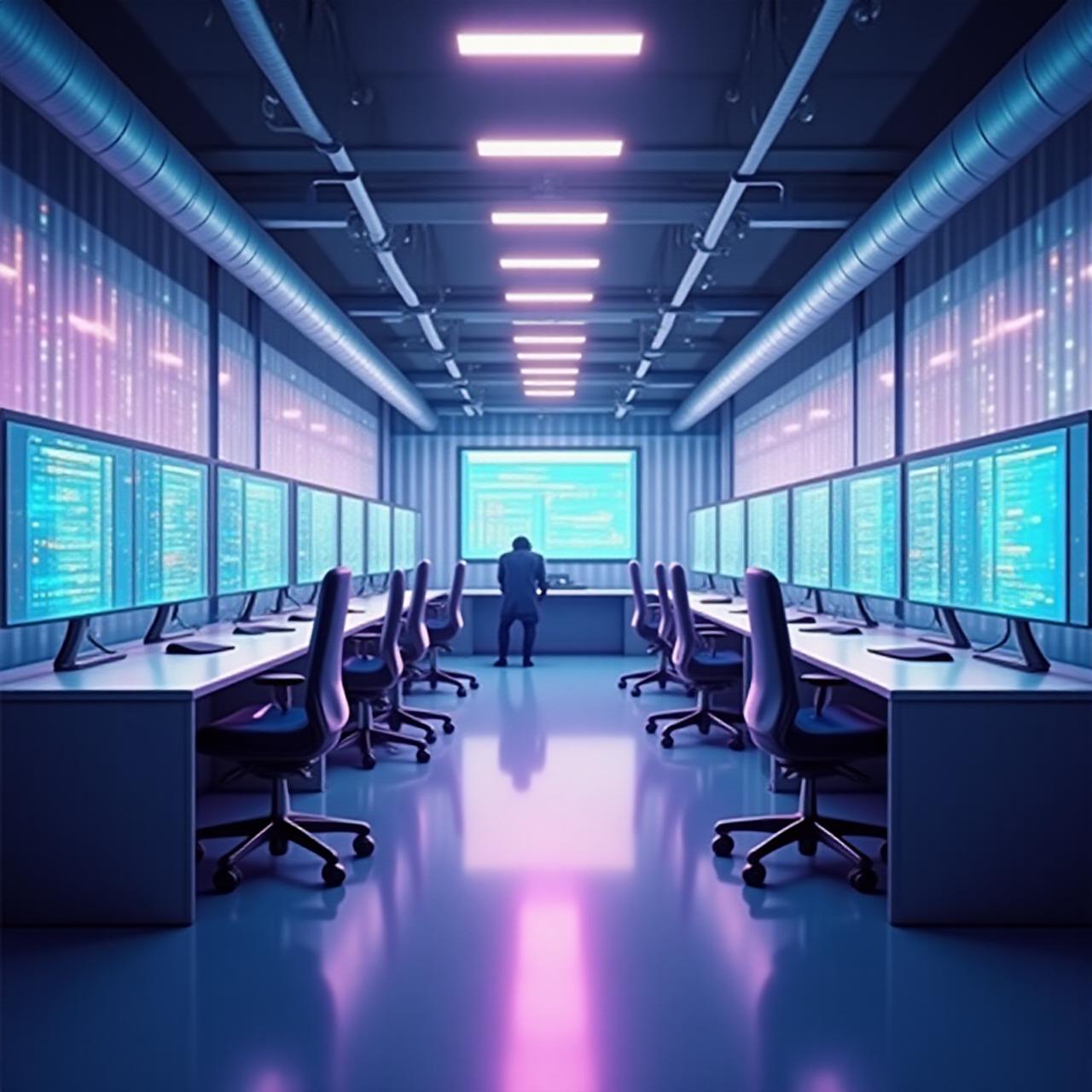 A modern support operations center visualized as a clean, high-tech assembly line